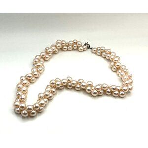 Vintage Double Strand Faux Pearl Necklace With Twisted Design and Silver Tone Cl